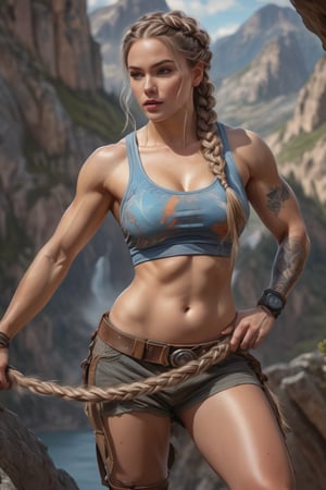 A large woman, with long, intricately braided hair and Scandinavian features, stands on a mountain. She is dressed in sportswear and displays a realistic face with perfectly symmetrical eyes against a blue sky. The portrait is hyper-detailed, with 16k resolution and HDR, resembling a digital painting or concept art in the style of League of Legends. The sharp, soft-focus illustration, similar to Artstation HQ and 8K Ultra HD, This ultra-violent, muscular but attractive woman is safe for work and the quality is suitable for a high-quality print, reminiscent of the styles of Jean Baptiste Monge , Carne Griffiths and Michael Garmash.