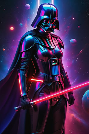 A woman clad in Darth Vader armor, depicted with a 4K Blu-ray cinematic quality, exhibits glowing neon skin. She stands poised with a red neon sword, set against a backdrop of planets. The scene is bathed in strong iridescent light, with neon colors and violet highlights accentuating the dark blue suit, which is adorned with sparkles. This image contains no text and is attributed to Kaja Foglio.