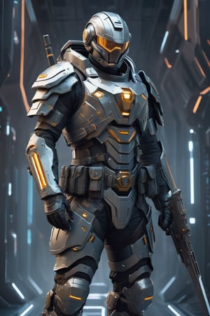 Create an image of a futuristic soldier with detailed armor, multiple pockets and metal plates, ammunition crossed on the chest and a sword sheathed on the back. The setting is a high-tech environment with bright screens or interfaces.