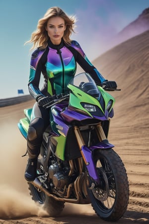 A very beautiful woman is depicted in a realistic full-length portrait, riding an off-road motorcycle against a blue sky and a race track in the background, with a blue-green gradient. The photographic representation shows a high-end wetsuit adorned with iridescent details and neon edges. The composition prioritizes clean colors, avoids duplicate images, and aligns with Twitch TV’s aesthetic. The image features cinematic quality and 16K resolution, features a purple checkerboard pattern and a focused facial expression, reminiscent of a trading card illustration.