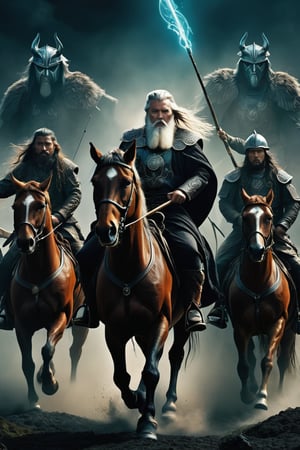 a group of men riding horses, frame from a fantasy film, the god Odin and a group of furious warriors, by Zhu Derun, Surreal scene, psychedelic scene, character poster, dark, harsh and atmospheric, creative work: evoking the visual horror, dim, moody lighting with shadows and lights, peter jackson, website banner, fear and anger in his eyes, fishing people, bbc promotional artwork