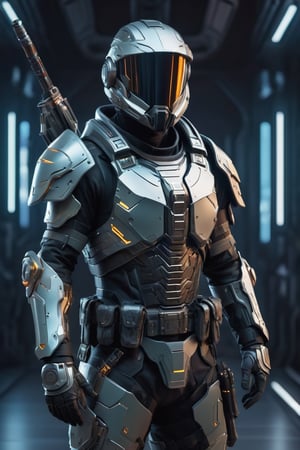 Create an image of a futuristic soldier with detailed armor, multiple pockets and metal plates, ammunition crossed on the chest and a sword sheathed on the back. The setting is a high-tech environment with bright screens or interfaces.