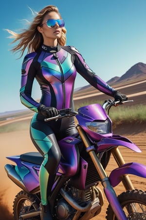 A very beautiful woman is depicted in a realistic full-length portrait, riding an off-road motorcycle against a blue sky and a race track in the background, with a blue-green gradient. The photographic representation shows a high-end wetsuit adorned with iridescent details and neon edges. The composition prioritizes clean colors, avoids duplicate images, and aligns with Twitch TV’s aesthetic. The image features cinematic quality and 16K resolution, features a purple checkerboard pattern and a focused facial expression, reminiscent of a trading card illustration.