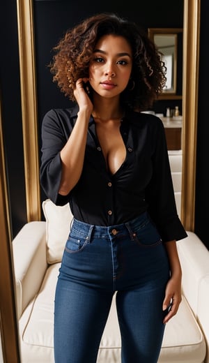 (black background), 1beautiful dark mulatto woman,  medium_hair,  curly hair, beautiful breast, black button up shirt with sleeves up, little cleavage, black polo with three buttons details, worn blue_jeans, curvy body, mirror reflection, bending over, taken self_shot, solo,SAM YANG, in a luxury home