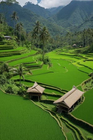 Imagine you are standing in the middle of the calm and beautiful Indonesian countryside. Around you are green rice fields stretching as far as the eye can see, depicting the farmer's life that is so typical here. The lush growing rice provides a deep green nuance. Behind the rice fields, you can see towering mountains, covered by lush tropical forests.

The sky is clear blue with white clouds moving slowly above your head. Beneath the sky, a group of traditional Javanese houses stands majestically with tapering thatched roofs. The bright and natural colors show the friendliness of the villagers who live a simple life.

Along the winding paths, you see village children playing happily, while wearing typical traditional clothes. They smiled happily, and looked happy in their togetherness.