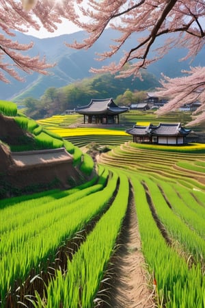 You're in the middle of the beautiful Korean countryside, under clear, sunny blue skies, with green mountains towering in the distance. The sun was shining brightly, reflecting its rays over the neatly arranged green rice fields, giving a golden glow to the rice fields that swayed gently in the gentle breeze. These rice fields are like a sea of gold that swirls around, creating a hypnotic play of light. Along the edge of the rice fields, there is a path made of small stones arranged neatly. This road crosses rice fields and takes you towards a small village located on the mountainside. Large trees with dense green leaves provide coolness and shade along the road, creating a soothing green corridor. This small village is filled with traditional Korean houses made of wood with dark brown tile roofs. Each house has a small garden in front filled with colorful flowers, such as plum blossoms, cherry blossoms, and jasmine. There is also a small bridge connecting the village to the vegetable plantation area, which is filled with plants such as radishes, daikon and red chilies that gleam in the sun. You can see friendly villagers wearing traditional Korean clothing, hanbok, doing their activities around the village. Some of them are busy with agricultural work, while others sit together under shady trees, enjoying traditional Korean green tea.In the distance, you can see a magnificent ancient temple, with colorful terraced roofs and a huge Buddha statue. This temple is the center of the spiritual life of the local community, and you can see groups of pilgrims who come to meditate and pray.4k,8k,korean girl