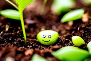 Sam's tiny green sprout peeking out of the soil, looking like a little green smile.

With each passing day, Sam grew taller and stronger. The meadow was filled with the chirping of birds and the buzzing of bees. Sam made friends with a ladybug named Lily and a curious rabbit named Robbie.