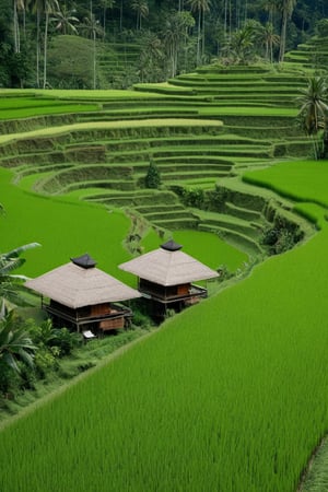 Imagine you are standing in the middle of the calm and beautiful Indonesian countryside. Around you are green rice fields stretching as far as the eye can see, depicting the farmer's life that is so typical here. The lush growing rice provides a deep green nuance. Behind the rice fields, you can see towering mountains, covered by lush tropical forests.

The sky is clear blue with white clouds moving slowly above your head. Beneath the sky, a group of traditional Javanese houses stands majestically with tapering thatched roofs. The bright and natural colors show the friendliness of the villagers who live a simple life.

Along the winding paths, you see village children playing happily, while wearing typical traditional clothes. They smiled happily, and looked happy in their togetherness.