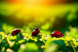 green shoots, ladybugs, rabbits, playing together in the golden sunlight.