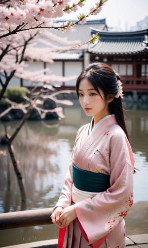 Amidst the abundant charm of spring, there is an 18 year old girl standing gently under the blooming cherry trees in the city of Kyoto, Japan. Its presence is like a living tribute to the beauty of nature. This girl was wearing a traditional kimono that was soft pink with a cherry blossom pattern that matched the background. Her long black hair flowed so beautifully, as if it were a calm and deep river of darkness. A strand of cherry blossoms descended from her flowing hair, adding a touch of elegance and serenity to the moment. Her sparkling eyes were like clear water, reflecting the charming magic of spring. The girl was standing on a bamboo mat located under a cherry tree, holding a half-open bamboo fan, creating a cool breeze that waved around her. In his hand, there was a glass cup filled with hot green tea, with gentle steam floating above it. The background was a neat Japanese garden, with an arch-shaped bridge made of wood that crossed a calm river. In the river, colorful koi fish swim gracefully under the clear surface of the water. The evening sunlight highlights the flowering cherry trees, creating dazzling reddish colors and giving a sense of warmth to the entire scene.