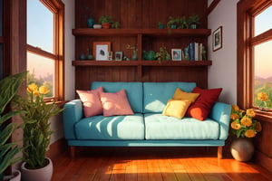 In a warm and loving house, there is a view full of charm. The cat, a small, fluffy creature with a smooth reddish brown color, lay comfortably on the soft sofa. Its small body moves up and down slowly along with its calm breathing. The Cat's natural color creates a beautiful contrast with the soft cream color of the sofa surrounded by brightly colored cushions. The soft feathers seem to create a blend of different color notes, like a living canvas. Her small head, with ears that seemed to listen to the whispering wind, lay beautifully on one of the pillows, facing towards the window. Outside the window, the world was revealed in the beauty of the rising sun. Soft golden light radiated in, illuminating the room with warmth. The young sun, with its light casting delicate shadows along the surface of the window glass, offers the promise of a new day. Sunlight plays a sparkling dance on the surface of the clean wooden floor, creating amazing light patterns.
