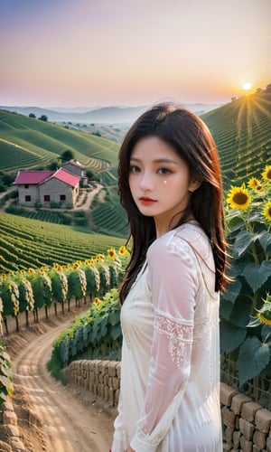 In the midst of unspoiled natural beauty, there is a village girl standing on the edge of a hill. Her long hair fluttered gently in the evening breeze, while her white dress fluttered gently. The village girl's eyes were full of admiration, as she witnessed a magnificent sunset.

This sunset view is an amazing creation of nature. The sky, which was originally bright and blue, had now turned into a mixture of magenta, orange, and purple colors. The rosy sun began to sink behind the hill, releasing golden rays that played a game of light between the trees and houses in the small village below.

The village itself is a picture of tranquility and simple rural life. The houses are made of neatly arranged stones, with red roofs highlighting the local architectural characteristics. Small roads wind through the village, and there is a bustling life all around. Some villagers took a leisurely walk, while others returned to their homes after a day's work in the fields or plantations.

In the background, green hills with vineyards and fields of sunflowers stretch as far as the eye can see. The head of the hills looked like a cluster of green islands in the middle of a golden ocean caused by the setting sun. There is a sense of peace and happiness that radiates from this view.

The village girl herself looks like an inseparable part of nature and her village. He stood with an expectant look, while the sunset glowed softly on his face. The expression on her face reflects awe, beauty, and a deep sense of connection with nature.