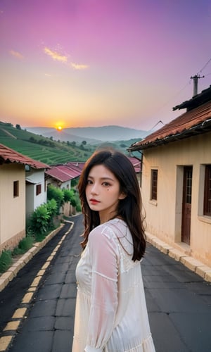 In the midst of unspoiled natural beauty, there is a village girl standing on the edge of a hill. Her long hair fluttered gently in the evening breeze, while her white dress fluttered gently. The village girl's eyes were full of admiration, as she witnessed a magnificent sunset.

This sunset view is an amazing creation of nature. The sky, which was originally bright and blue, had now turned into a mixture of magenta, orange, and purple colors. The rosy sun began to sink behind the hill, releasing golden rays that played a game of light between the trees and houses in the small village below.

The village itself is a picture of tranquility and simple rural life. The houses are made of neatly arranged stones, with red roofs highlighting the local architectural characteristics. Small roads wind through the village, and there is a bustling life all around. Some villagers took a leisurely walk, while others returned to their homes after a day's work in the fields or plantations.

In the background, green hills with vineyards and fields of sunflowers stretch as far as the eye can see. The head of the hills looked like a cluster of green islands in the middle of a golden ocean caused by the setting sun. There is a sense of peace and happiness that radiates from this view.

The village girl herself looks like an inseparable part of nature and her village. He stood with an expectant look, while the sunset glowed softly on his face. The expression on her face reflects awe, beauty, and a deep sense of connection with nature.