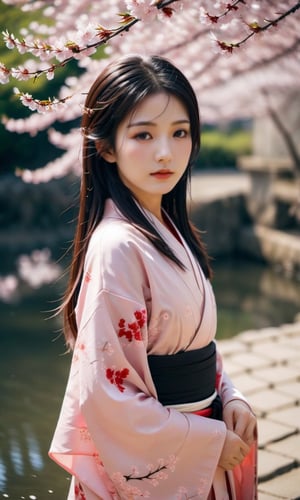 Amidst the abundant charm of spring, there is an 18 year old girl standing gently under the blooming cherry trees in the city of Kyoto, Japan. Its presence is like a living tribute to the beauty of nature. This girl was wearing a traditional kimono that was soft pink with a cherry blossom pattern that matched the background. Her long black hair flowed so beautifully, as if it were a calm and deep river of darkness. A strand of cherry blossoms descended from her flowing hair, adding a touch of elegance and serenity to the moment. Her sparkling eyes were like clear water, reflecting the charming magic of spring. The girl was standing on a bamboo mat located under a cherry tree, holding a half-open bamboo fan, creating a cool breeze that waved around her. In his hand, there was a glass cup filled with hot green tea, with gentle steam floating above it. The background was a neat Japanese garden, with an arch-shaped bridge made of wood that crossed a calm river. In the river, colorful koi fish swim gracefully under the clear surface of the water. The evening sunlight highlights the flowering cherry trees, creating dazzling reddish colors and giving a sense of warmth to the entire scene.