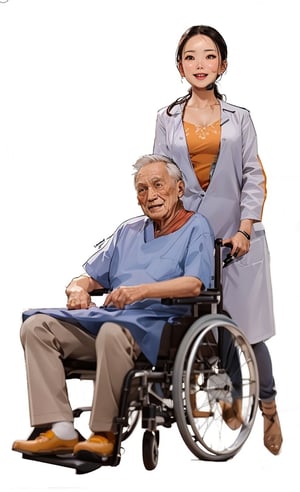 asian nurse pushing an old man in a wheelchair