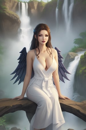 Beautiful female, large white fantasy wings, large breasts with clevage, white flowing sexy robes, seated postion, waterfall background,githyanki