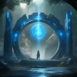 Futuristic stargate, standing, metallic, swirling space in center, blue glowing light, surrounded by stone ruins, forest background,6000