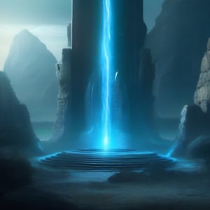 Futuristic stargate, standing, metallic, swirling space in center, blue glowing light, surrounded by stone ruins, forest background,6000