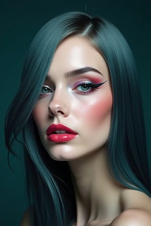 




pretty woman, sleek straight hair, abstract dark blue dark green background, glossy makeup, glossy pink lips, white skin, long hair, colorful eyes, red cheeks, snow white skin