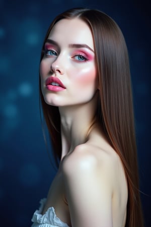 




pretty woman, sleek straight hair, abstract dark blue background, glossy makeup, glossy pink lips, white skin, long hair, colorful eyes, snow white skin