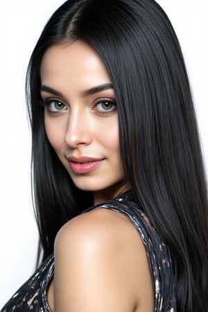  woman 25 years old, long straight hair, thick hair, detailed face, long eyelashes, detailed eyes, red cheeks, glossy skin, elegant woman, healthy skin tone, pretty and beauty woman face marks, pale snow white skin tone, light reflecting hair, blue green eyes, rossy cheeks, naturally glossy lips, black hair, 
(fully reflective shiny dress:1.3),  
looking aside, 
white background, 
detailed, quality, professional camera photo, spotlight, photo session, dramatic lighting on face,Nayane