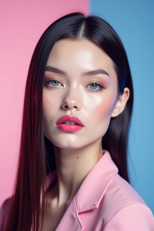 




pretty woman, sleek straight hair, abstract pink blue background, glossy makeup, glossy pink lips, white skin, long hair, colorful eyes