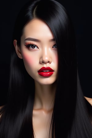 




pretty woman, sleek straight hair, abstract black background, glossy makeup, glossy redlips, white skin, long hair, colorful eyes