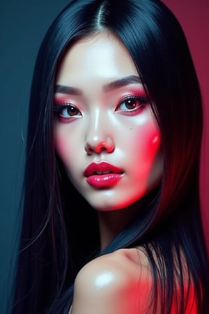 




pretty woman, sleek straight hair, abstract dark blue dark red background, glossy makeup, glossy pink lips, white skin, long hair, colorful eyes, red cheeks, snow white skin