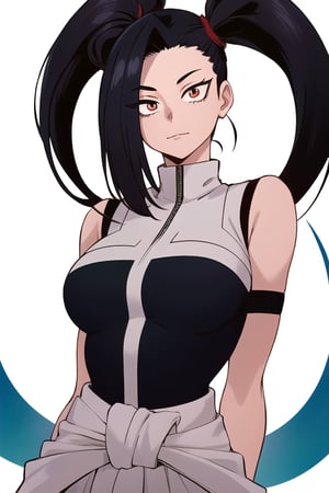 1girl, 

simple white background, 
upper part of body, (waist-up shot:1.3), 
(yaoyorozu momo from my hero academia show), 
