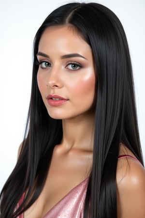  woman 25 years old, long straight hair, thick hair, detailed face, long eyelashes, detailed eyes, red cheeks, glossy skin, elegant woman, healthy skin tone, pretty and beauty woman face marks, pale snow white skin tone, thick hair, blue green eyes, red cheeks, naturally glossy lips, black hair, (perfect artistic detailed glossy makeup:1.3), 
(fully reflective shiny dress:1.3), 
looking aside, 
white  background, 
detailed, quality, professional camera photo, spotlight, photo session, dramatic lighting on face,Nayane