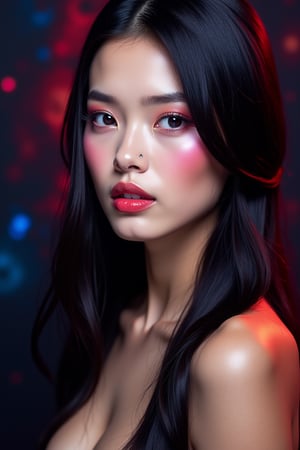 




pretty woman, sleek straight hair, abstract dark blue dark red background, glossy makeup, glossy pink lips, white skin, long hair, colorful eyes, red cheeks, snow white skin