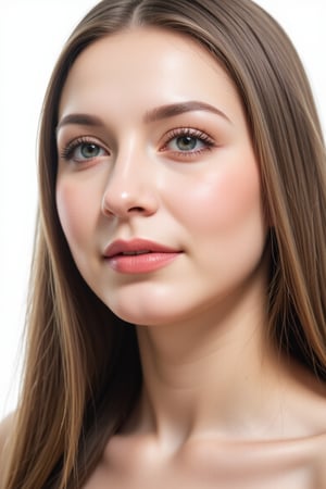  woman 25 years old, long straight hair, thick hair, detailed face, long eyelashes, detailed eyes, red cheeks, glossy skin, elegant woman, healthy skin tone, pretty and beauty woman face marks, pale snow white skin tone, thick hair, blue green eyes, pink cheeks, glossy lips, light white skine tone, 
dress, 
looking aside, 
white background, 
detailed, quality, professional camera photo, spotlight, photo session, dramatic lighting on face,
