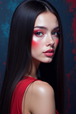 




pretty woman, sleek straight hair, abstract dark blue dark red background, glossy makeup, glossy pink lips, white skin, long hair, colorful eyes, red cheeks, snow white skin