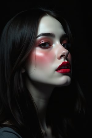 




pretty woman, graphics interesting creative effect, black dark color theme, light skin, red cheeks, , pink lips, glossy shiny reflective lips, long straight hair, looking aside, snow white skin tone