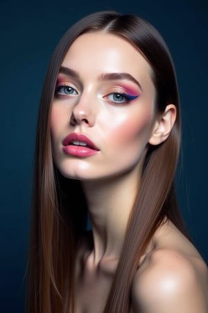 




pretty woman, sleek straight hair, abstract dark blue background, glossy makeup, glossy pink lips, white skin, long hair, colorful eyes