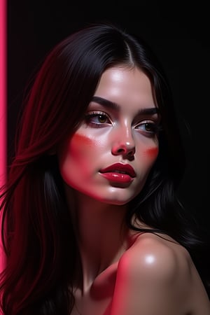 




pretty woman, graphics interesting creative effect, black dark pink theme, light skin, red cheeks, , pink lips, glossy shiny reflective lips, long straight hair, looking aside, glossy skin