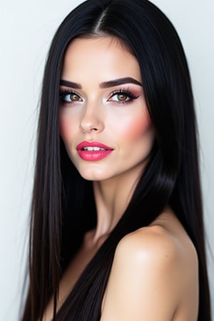 




pretty woman, sleek straight hair, abstract white background, glossy makeup, glossy pink lips, white skin, black hair, colorful eyes