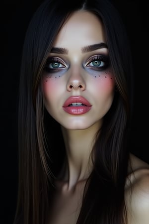 




pretty woman, graphics interesting creative effect, black dark color theme, white skin, , , , glossy pink lips, long straight hair, 