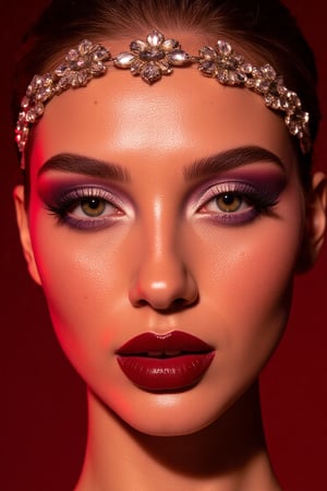 A stunning close-up portrait of a woman adorned with elaborate makeup and a studded jeweled headband. The camera zooms in on her face, showcasing the intricate details of her porcelain skin, sprinkled with freckles across her cheeks and nose. Her heavily accented eyelids shimmer with a mesmerizing blend of purple, white, and gold tones, while her luscious lips gleam with a deep burgundy sheen. The studded headband, resembling a floral design, frames her forehead like a delicate crown. Against the rich red backdrop, the lighting casts soft shadows, accentuating her features and creating an aura of dramatic beauty, perfect for a high-end fashion or beauty editorial.