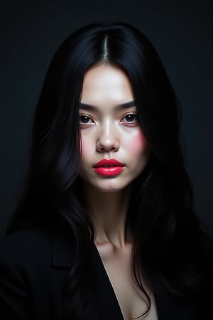 




pretty woman, graphics interesting creative effect, black dark color theme, white skin, , , , glossy pink lips, long straight hair, 