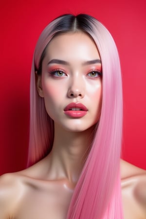 




pretty woman, sleek straight hair, abstract red pink background, glossy makeup, glossy pink lips, white skin, long hair, colorful eyes