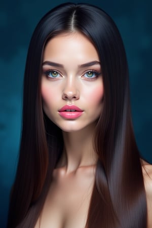 




pretty woman, sleek straight hair, abstract dark blue background, glossy makeup, glossy pink lips, white skin, long hair, colorful eyes