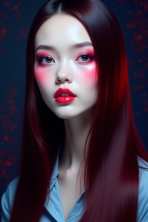 




pretty woman, sleek straight hair, abstract dark blue dark red background, glossy makeup, glossy pink lips, white skin, long hair, colorful eyes, red cheeks, snow white skin