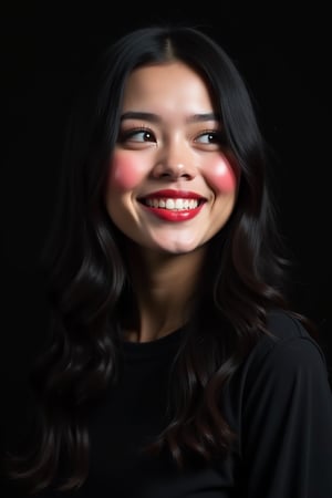 




pretty woman, black dark color theme, red natural cheeks, , pink lips, glossy shiny reflective lips, long straight hair, looking aside, snow white skin tone, happy smile