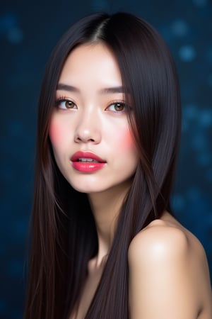 




pretty woman, sleek straight hair, abstract dark blue background, glossy makeup, glossy pink lips, white skin, long hair, colorful eyes, red cheeks