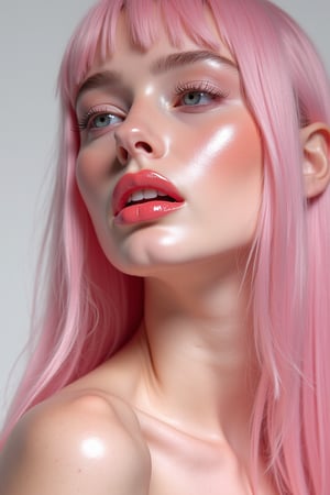 




pretty woman, graphics interesting creative effect, white and pink theme, light skin, red cheeks, pale pink lips, glossy shiny reflective lips, long straight hair, looking aside, glossy skin, pumpy face fat 