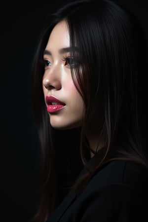 




pretty woman, graphics interesting creative effect, black dark color theme, white skin, , , , glossy pink lips, long straight hair, looking aside