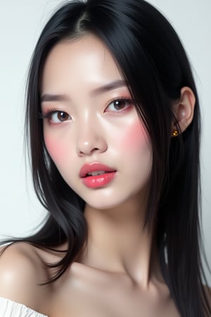 




pretty woman, sleek straight hair, abstract white background, glossy makeup, glossy pink lips, white skin, black hair, colorful eyes