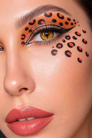 Close-up of a woman's face with elaborate makeup. 


The makeup features a leopard print design applied to the skin around the eye area and extending slightly onto the cheek. The print is rendered in shades of orange and black. 


The eyeshadow is a light beige-tan, blending into a deeper tone along the crease of the eyelid, and extending outward. 


The eyeliner is a dark, thick line that follows the shape of the eye. 

She is wearing cat contact lens, The contact lenses are yellow with a black cat-eye design
The woman's eyes are visibly detailed, with long, dark lashes, making the eyes seem more defined and striking. 


The skin is a light beige tone, and the complexion appears smooth and even. 


The woman's lips are a vibrant rosy-pink, and softly touched with a lipgloss-type product.


The focus is primarily on the face and makeup, with the background slightly out of focus.