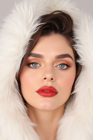 Close-up of a woman's face and upper chest, wearing a white faux fur hood. 


The woman's face is angled toward the viewer, and her expression is neutral.  Her eyes are light blue, and her eyebrows are well-defined, with a subtle brown tone. A warm, shimmery, gold-toned eyeshadow and blush are applied, creating a delicate highlight on her cheekbones.  Her lips are full and painted with a vibrant red lipstick.  Her skin appears smooth and naturally toned. Dark brown hair is styled to partially frame her face.


The white fur around her face and upper torso is thick and fluffy, creating a soft texture contrast with the smooth appearance of her skin.  The light source is soft and diffused, casting no strong shadows on her face.  The background is a light, neutral tone that does not distract from the subject.